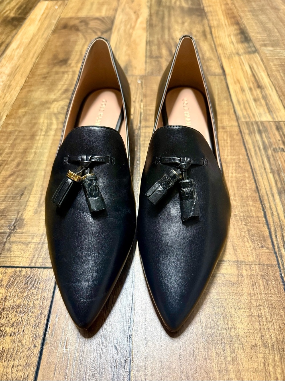 Cole Haan Black Leather Pointed Tassel Loafers - Women